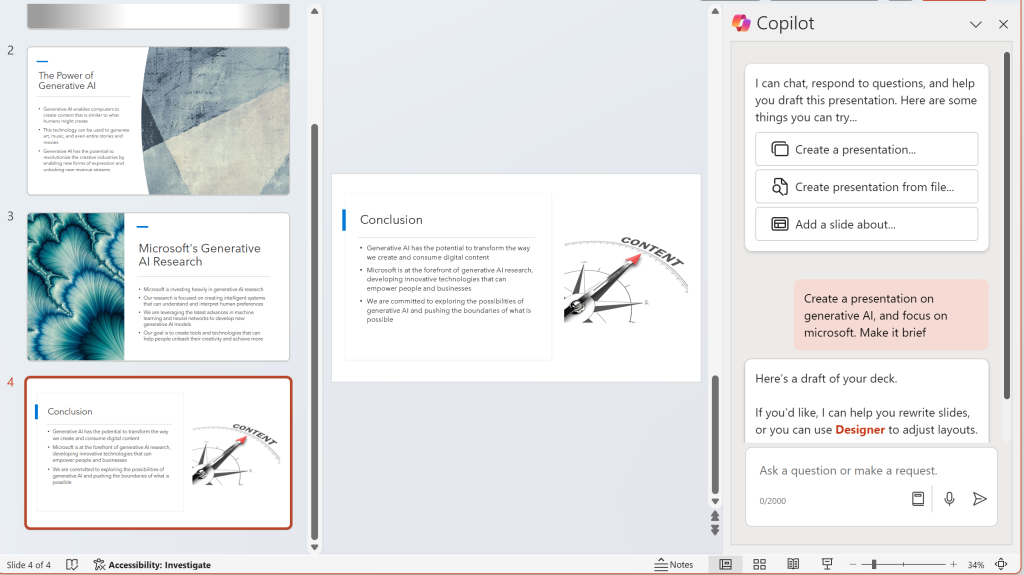 Image of Powerpoint, and Copilot helping build the report. The prompt is "Create a presentation on Generative AI, and focus on Microsoft. Make it Brief.