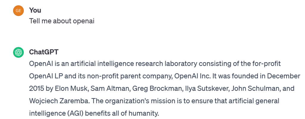 A prompt to chatGTP asking "Tell me about OpenAI' and a response around the origins of the company OpenAI