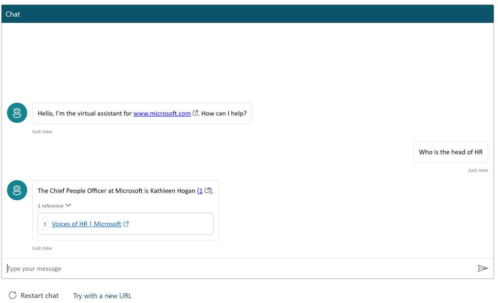 Image of "Try a demo" in Microsoft Copilot studio. It became the virtual assistant for www.microsoft.com. The prompt is "who is the head of HR" and the response listed shows Kathleen Hogan, Chief People Officer